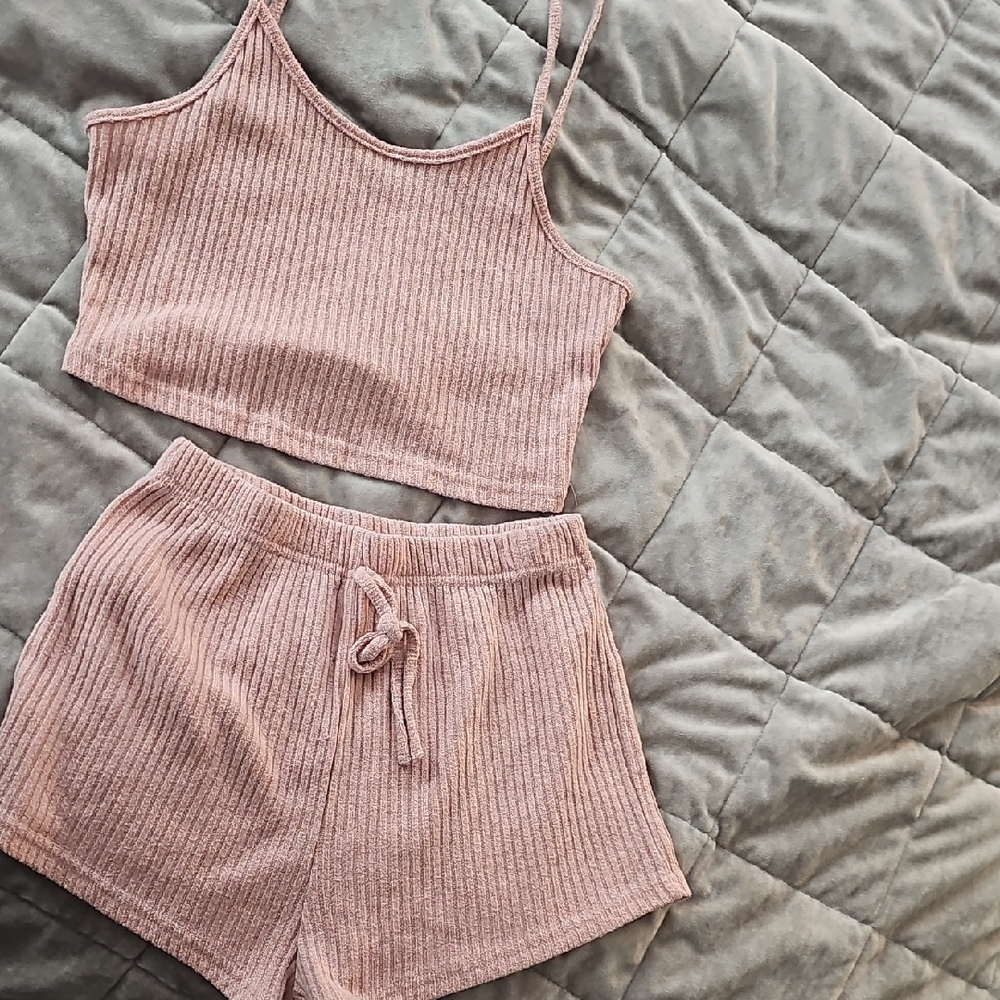 Women's Ribbed Knit Lounge Set - Pink